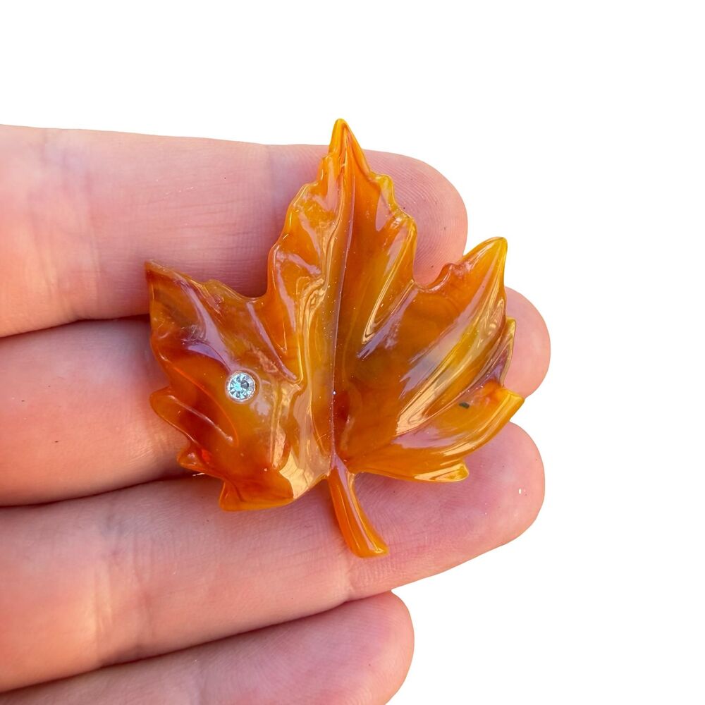 Avon Butterscotch Lucite Style Plastic Maple Leaf Brooch Pin Vintage Rhinestone